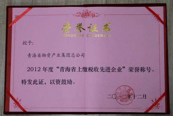 集團(tuán)榮獲2012年度&ldquo;青海省上繳稅收先進(jìn)企業(yè)&rdquo;榮譽(yù)稱號(hào)
